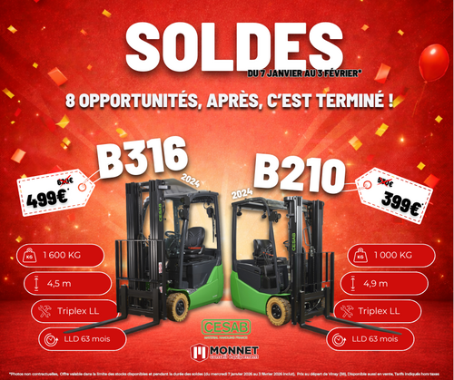 Offre exceptionnelle : 8 chariots frontaux &eacute;lectriques CESAB neufs &agrave; prix remis&eacute;s !
